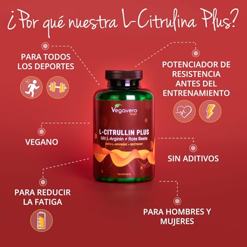 L-Citrulina + L-Arginina + Remolache Vegavero® | más de 2900 mg de L Citrulina Malato | Fermentación Vegetal | Sin Aditivos | Pre Workout | Testado en Laboratorio | Vegano | Calidad Alemán