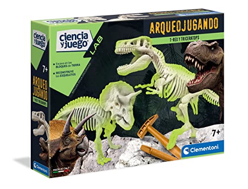 Clementoni - Arqueojugando T-Rex y Triceratops fosforescente - juego científico para excavar y montar dinosaurios apartir de 7 años, juguete en español (55054)