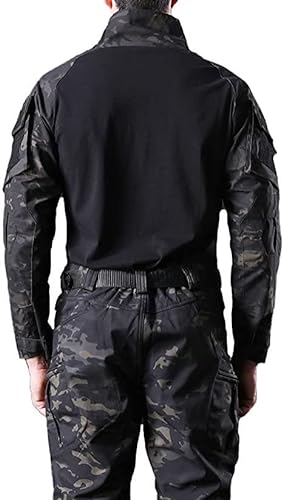 Czen Camisa de Combate Militar Hombre, Uniforme TáCtico, Camisas de Manga Larga Pantalones Trajes Camisa Airsoft Bdu Traje de Camuflaje de Paintball (BlackCp, L)